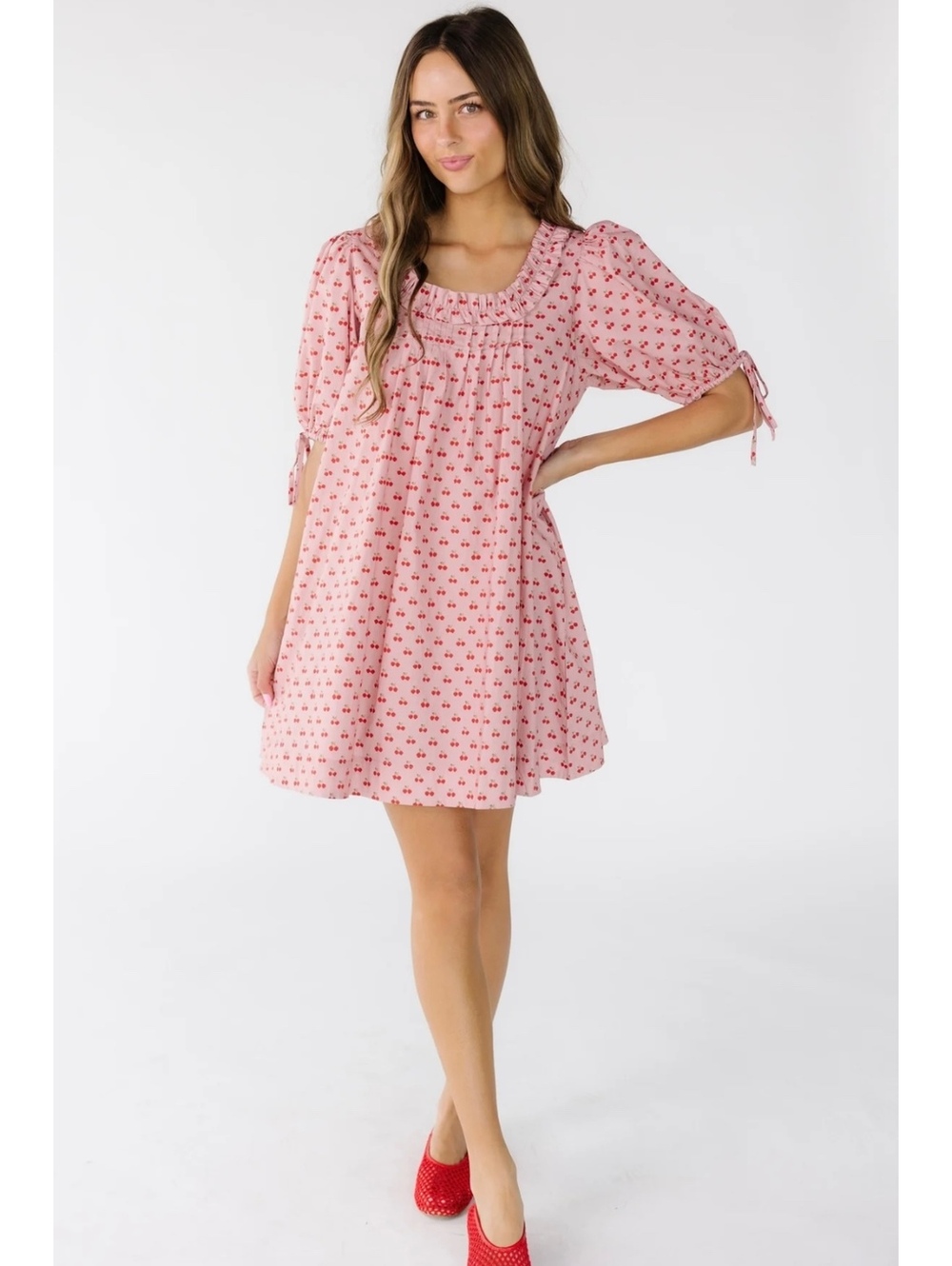 Brass and Roe Pink Cherry Print Puff Sleeve Dress with Ruffle Neckline